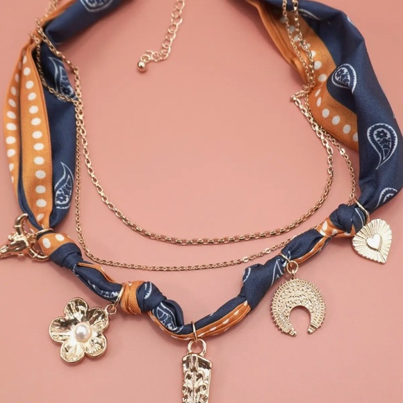 Gold Western Bandana Orange and Blue Necklace with Boot and Flower Charms - Picture 8 of 8
